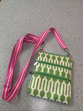 Women’s Green Geo Crossbody Bag with Pink Strap